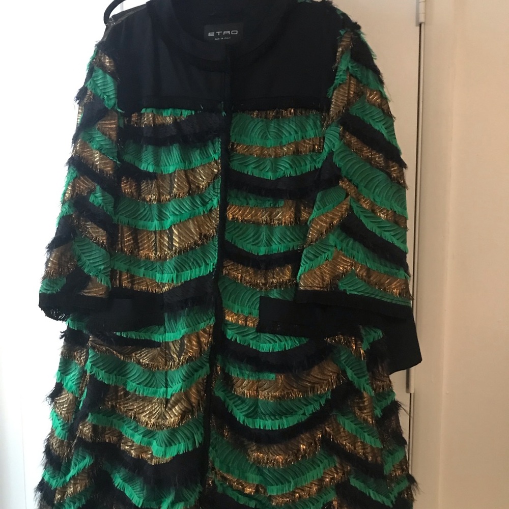 Etro Black and Green feather-like silk opera swing Coat